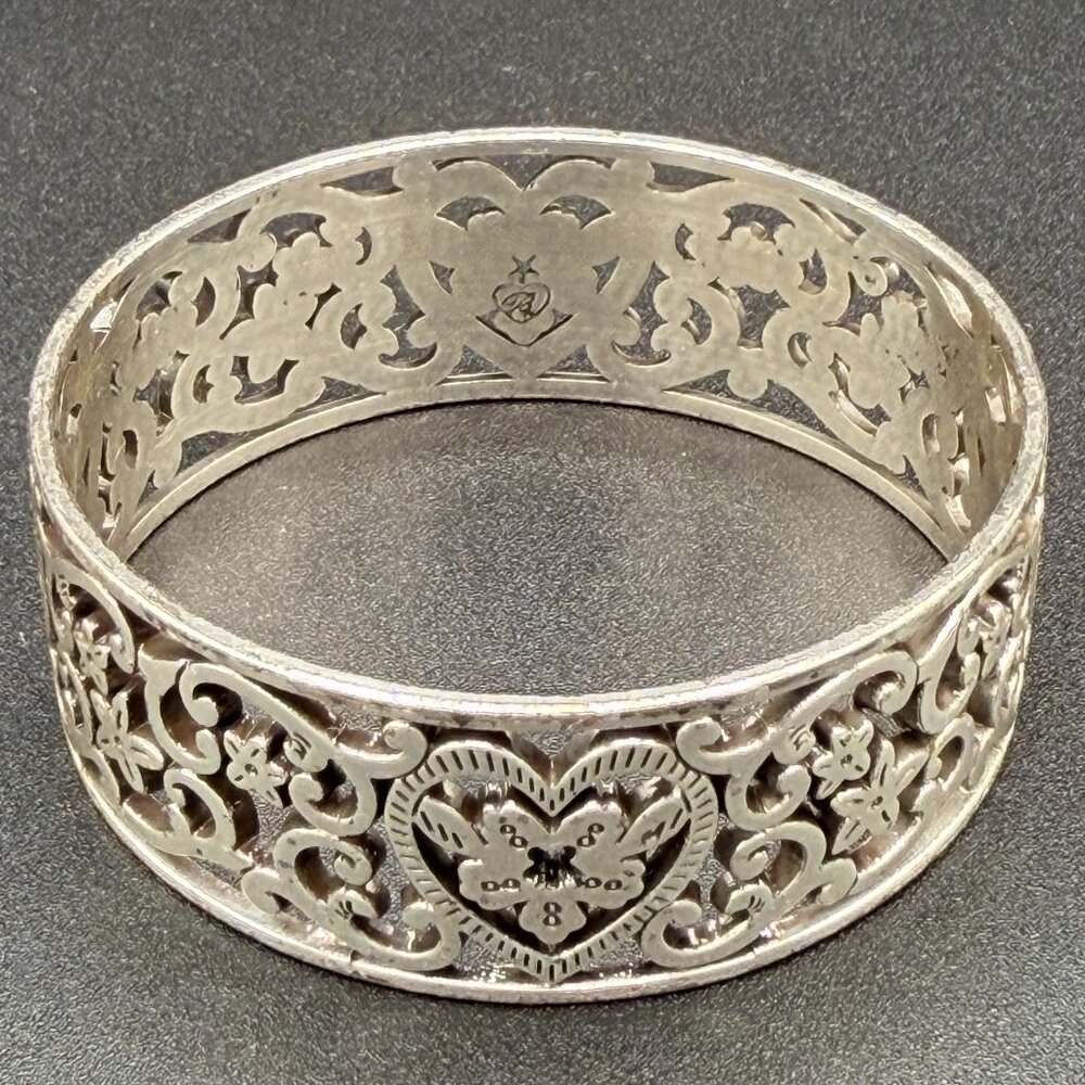Authentic Brighton Silver-Tone Filigree Bangle Bracelet - Heart & Scroll Design